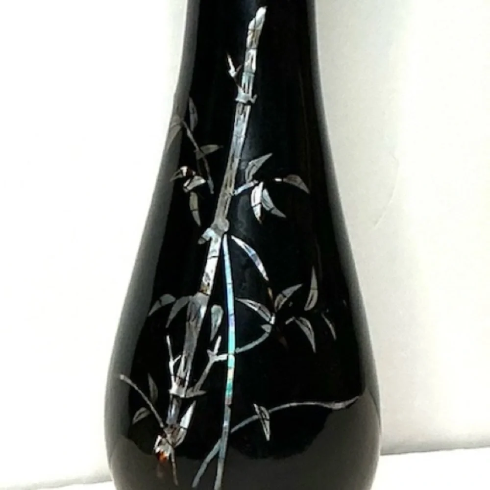 Vintage Mother-of-Pearl Inlay Wooden Black Lacquer Vase with stand